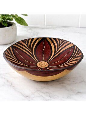Hand Carved Wooden Decorative Bowl Bold Floral Design Red Black Rustic Boho Cent